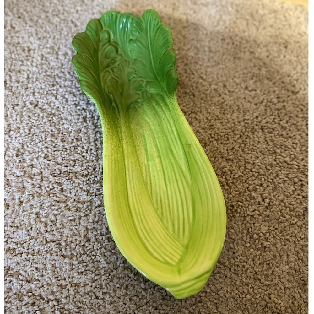 Vintage Celery Leaf Serving Dish Trinket Tray Spoon Rest Vegetable Ceramic - Picture 1 of 3